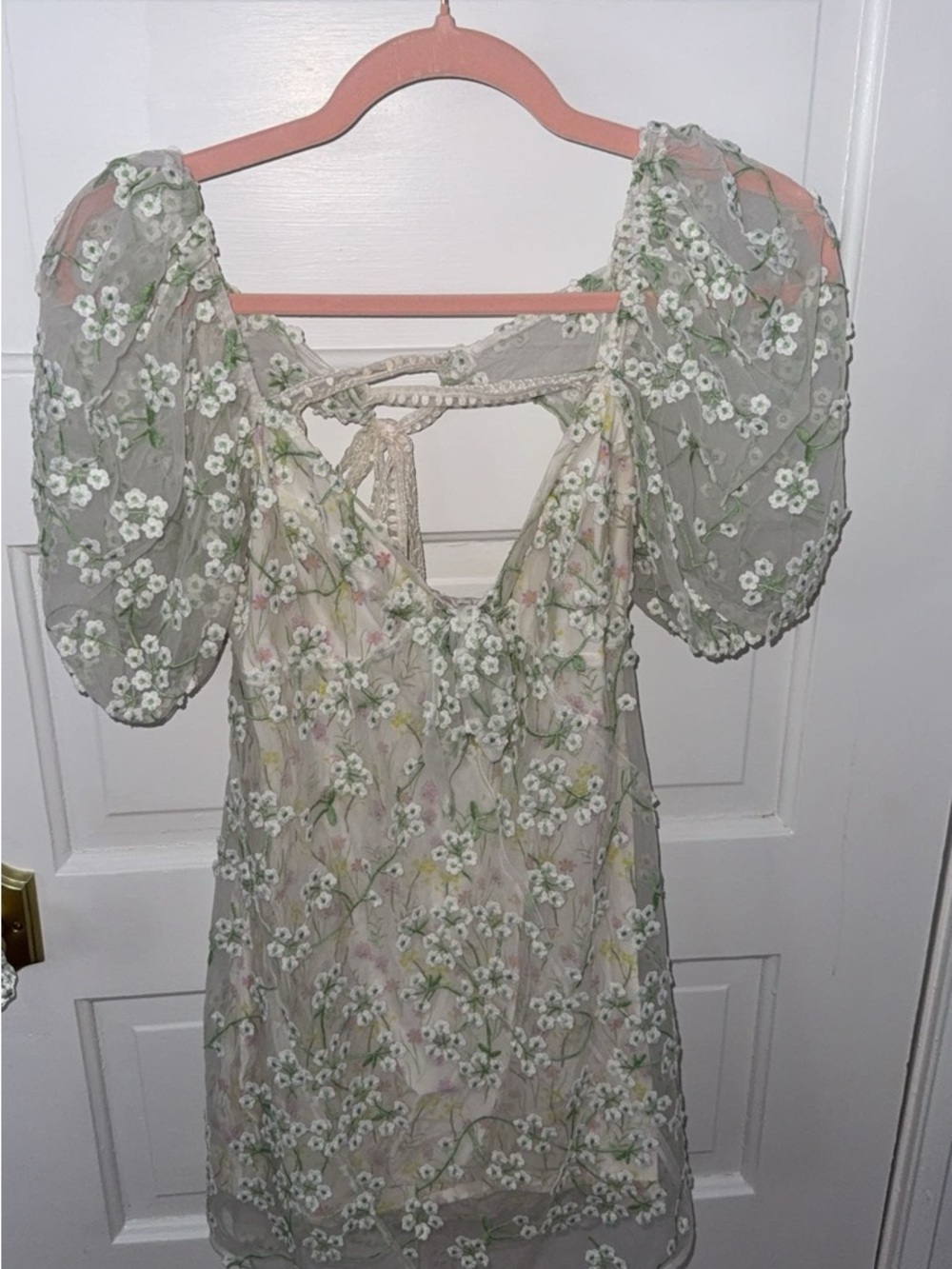 For Love & Lemons White Sheer Floral Embroidered Dress with Sage Accents